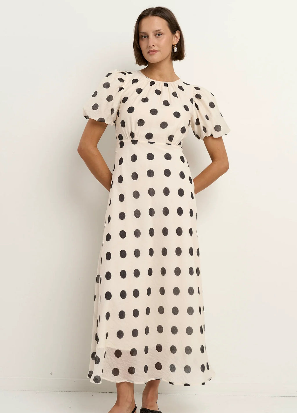 Boutique Cream Black Polka Dot Puff Sleeve Maxi