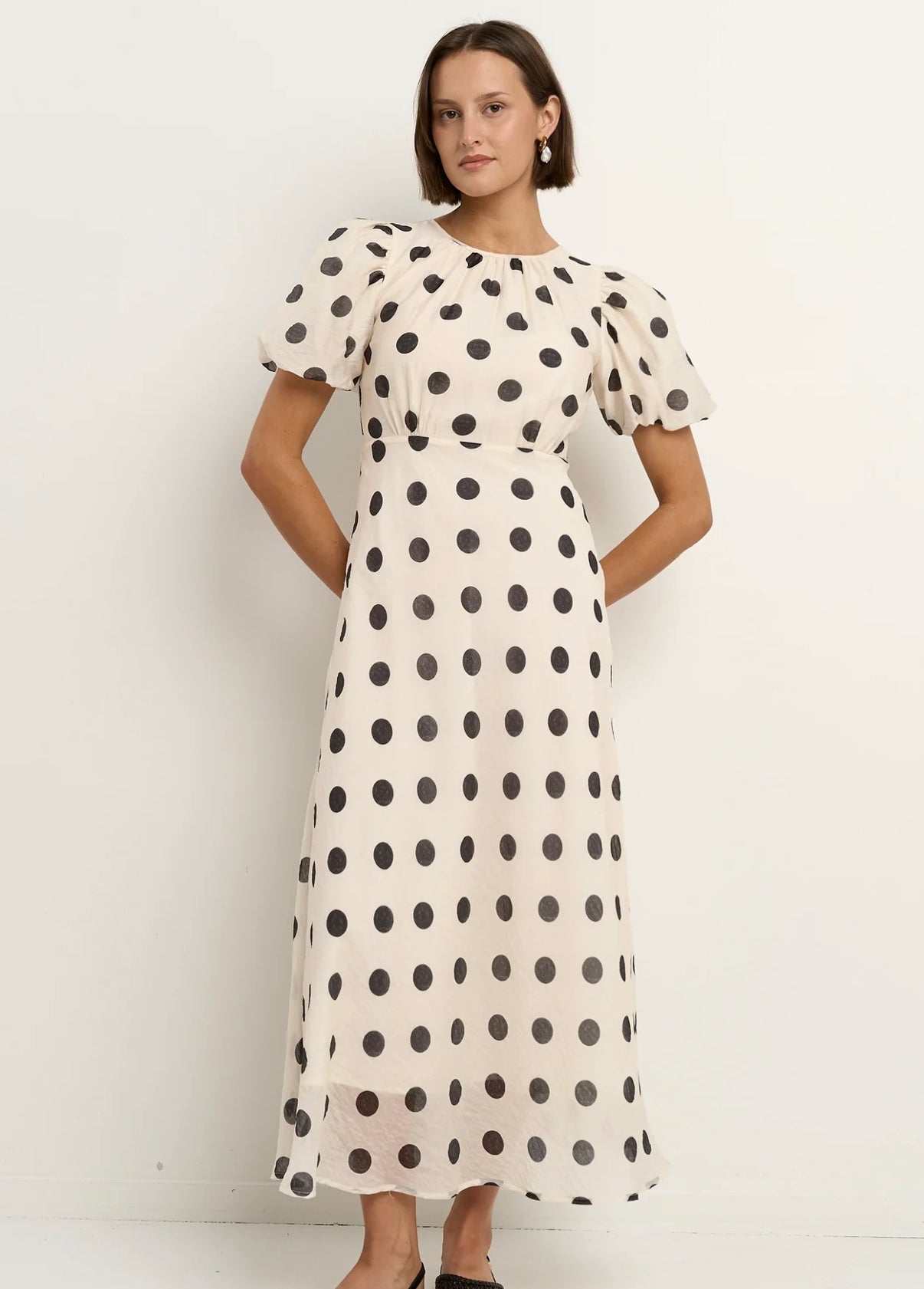 Boutique Cream Black Polka Dot Puff Sleeve Maxi