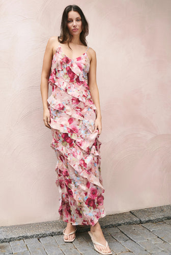 Galore Painted Rose Bias Ruffle Slip Maxi
