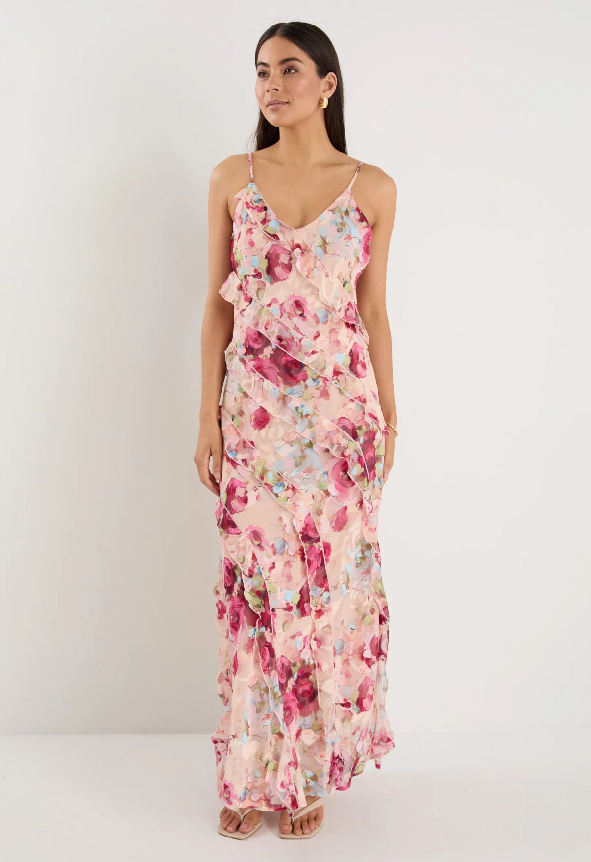 Georgia Zoe Galore Painted Rose Bias Ruffle Slip Maxi