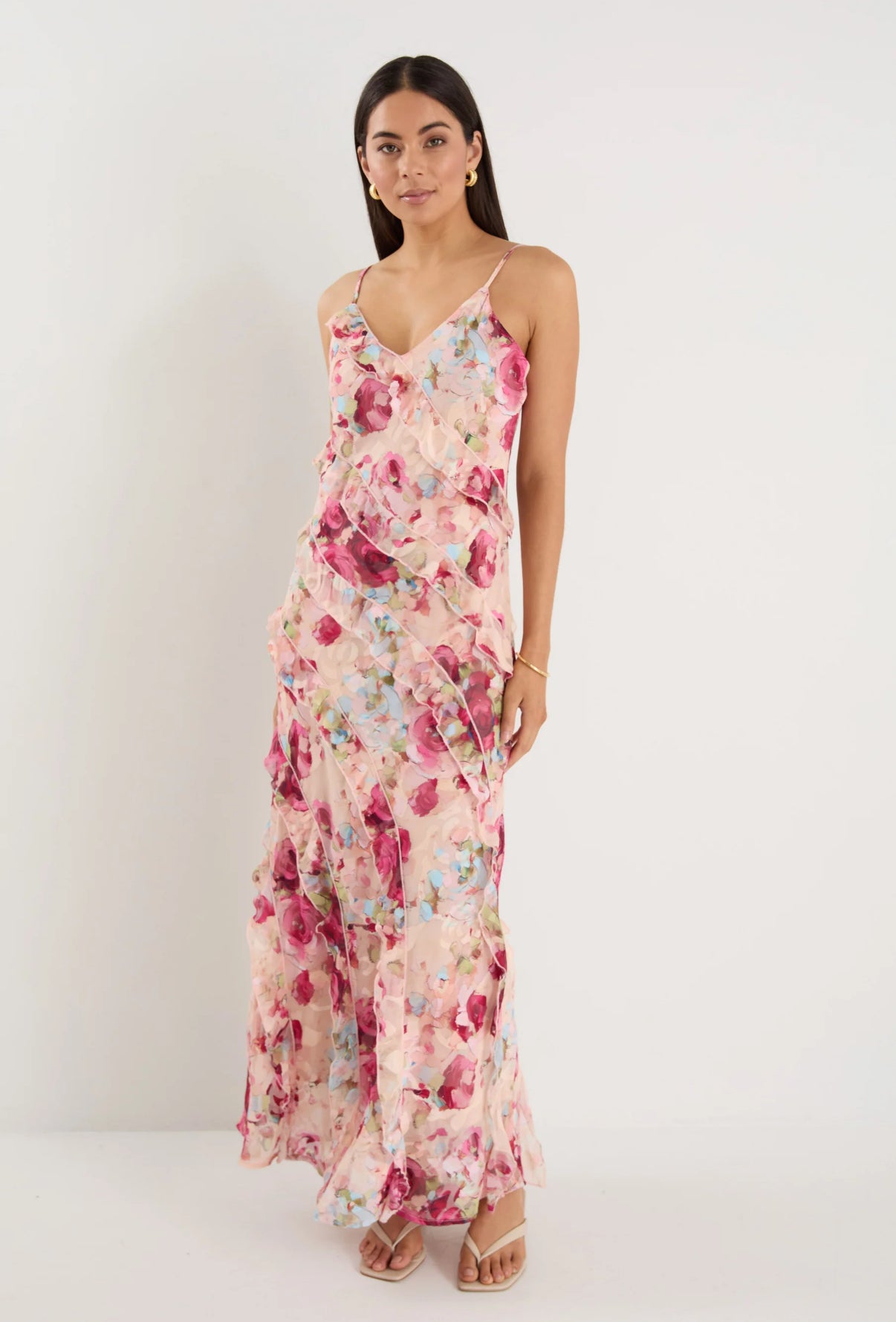 Georgia Zoe Galore Painted Rose Bias Ruffle Slip Maxi